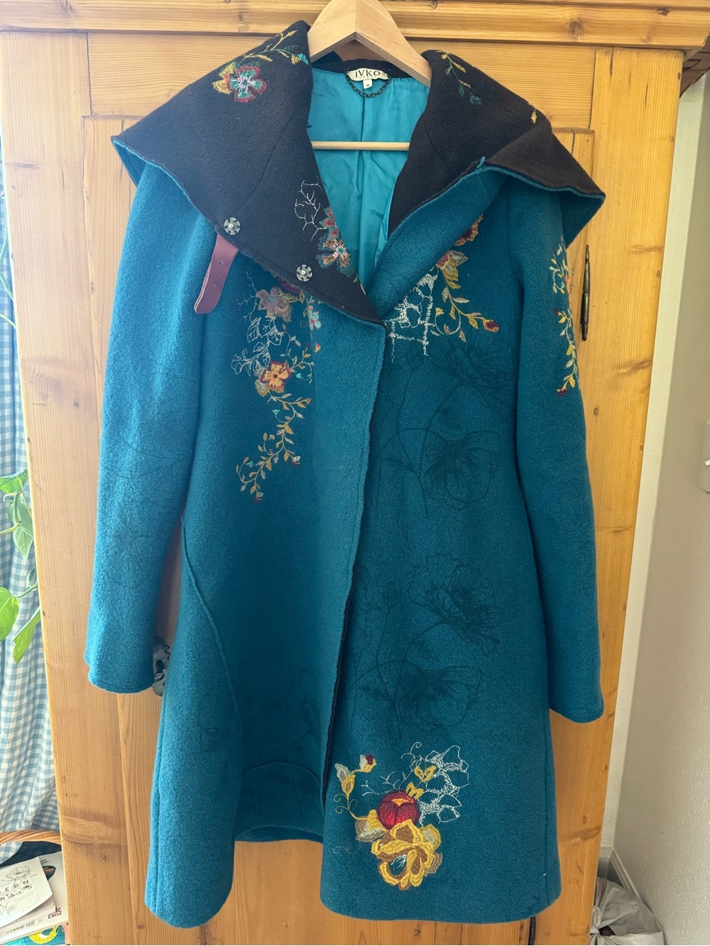 IVKO Teal Embroidered Hooded Wool Trench Coat